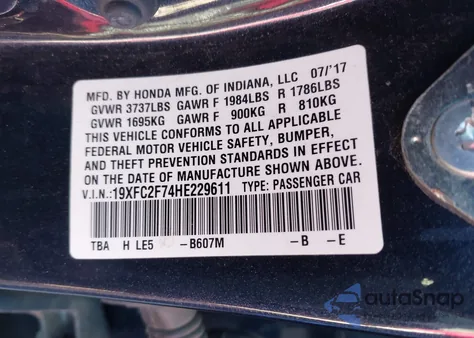 2017 Honda Civic Ex from USA, damaged, VIN 19XFC2F74HE229611